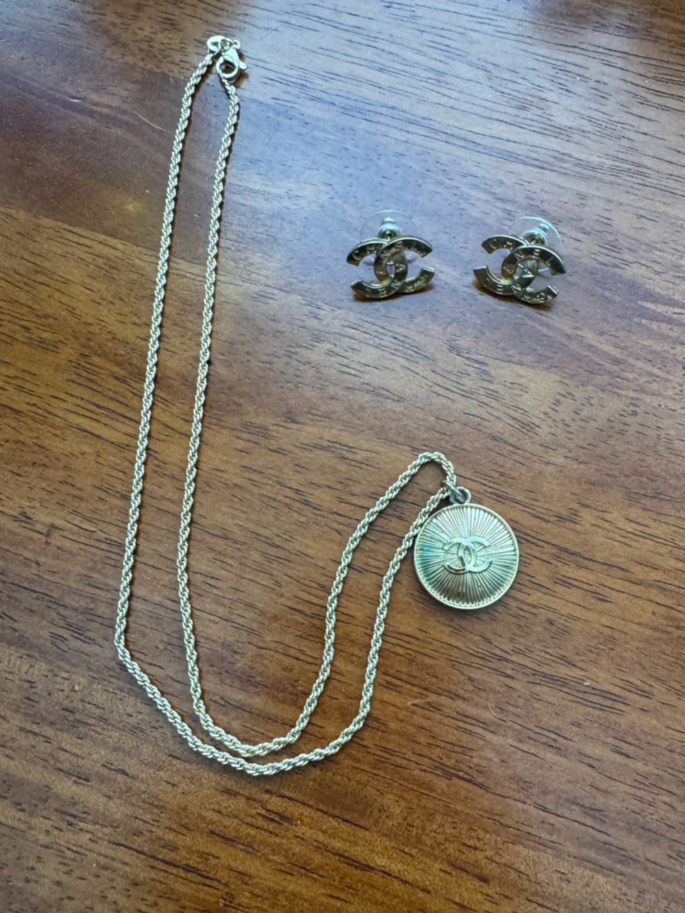 CHANEL Gold Tone Medallion Necklace and CC Stud Set